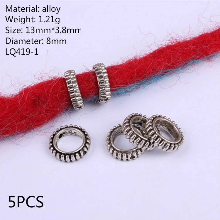 5pcs Retro Silver Metal Hair Braid Dread Dreadlock Beard Beads Rings Tube Appro 6mm Inner Hole Jewelry Size 11*9mm 14 Style