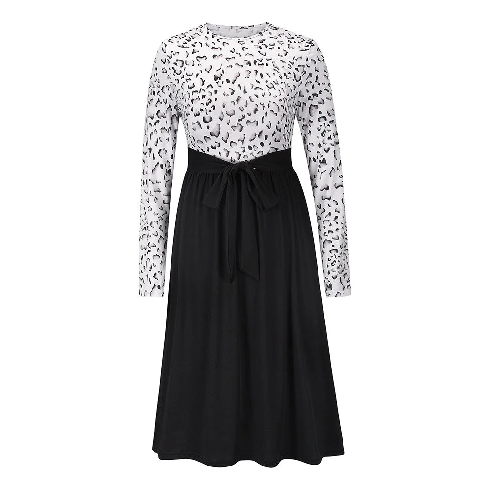 Leopard Stitched Long Sleeve Dress New Knitted Skirt In Autumn and Winter Black Dresses