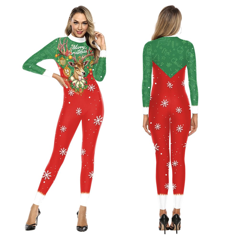 Womens Christmas Elk Pattern Skinny Jumpsuit 3D Sexy Xmas Party Cosplay Costume-Pajamasbuy