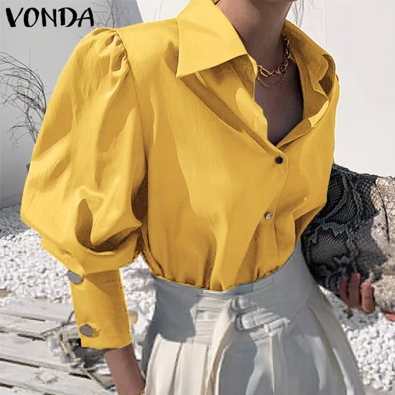 Women'Tunic Casual Solid Tops OL Style Lapel Neck Office Ladies Blouse 2022 VONDA Female Sexy Party Blusas Femininas Oversized