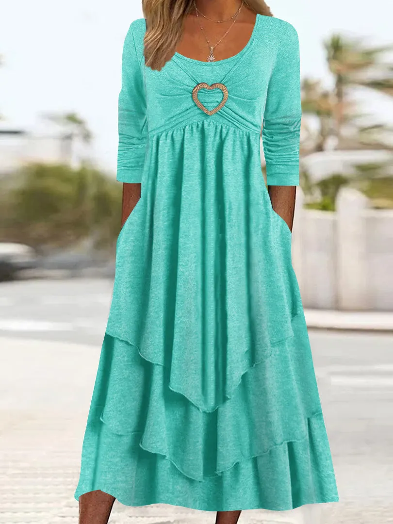Women's Plain Regular Fit Crew Neck Pockets Casual Midi Dress
