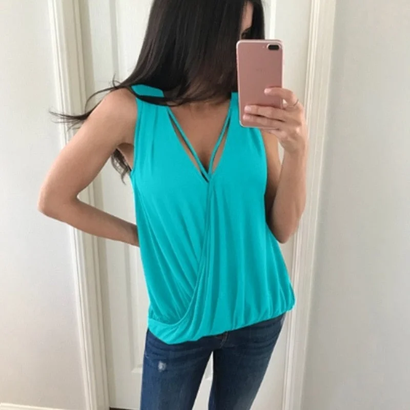 Summer Women Sexy Sleeveless Loose Casual Ladies T Shirt Tops Summer Bandage Hollow Out T-Shirt Tops Sexy & Club V-Neck Shirts