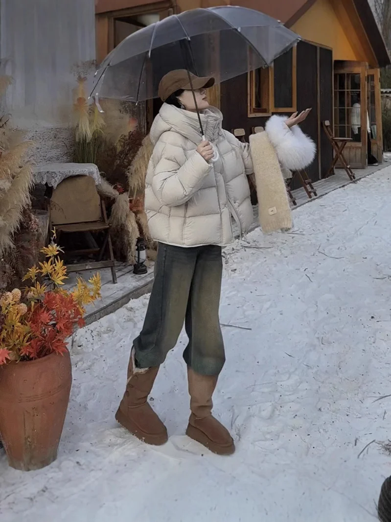 Woherb Puff Soft Glutinous Hooded Short Down Jacket Women's Winter New Thick Small Turtle Back Ken Bean Bread Coat-Outfit Ideas