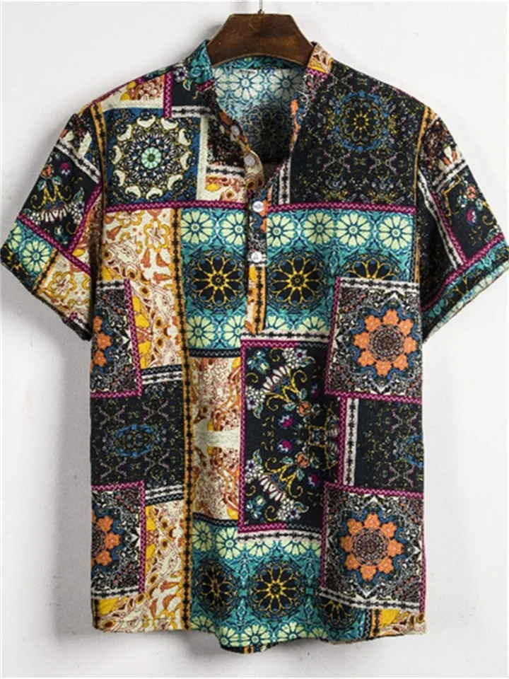 Summer New Fashion Urban Short-sleeved Linen Cardigan Shirt Men's Printed Casual Comfortable Style Flower Shirt