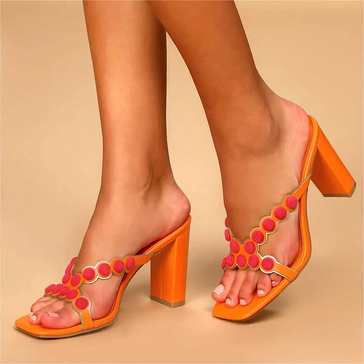 Orange Vegan Leather Square Toe Mule Heels for Women |FSJ Shoes
