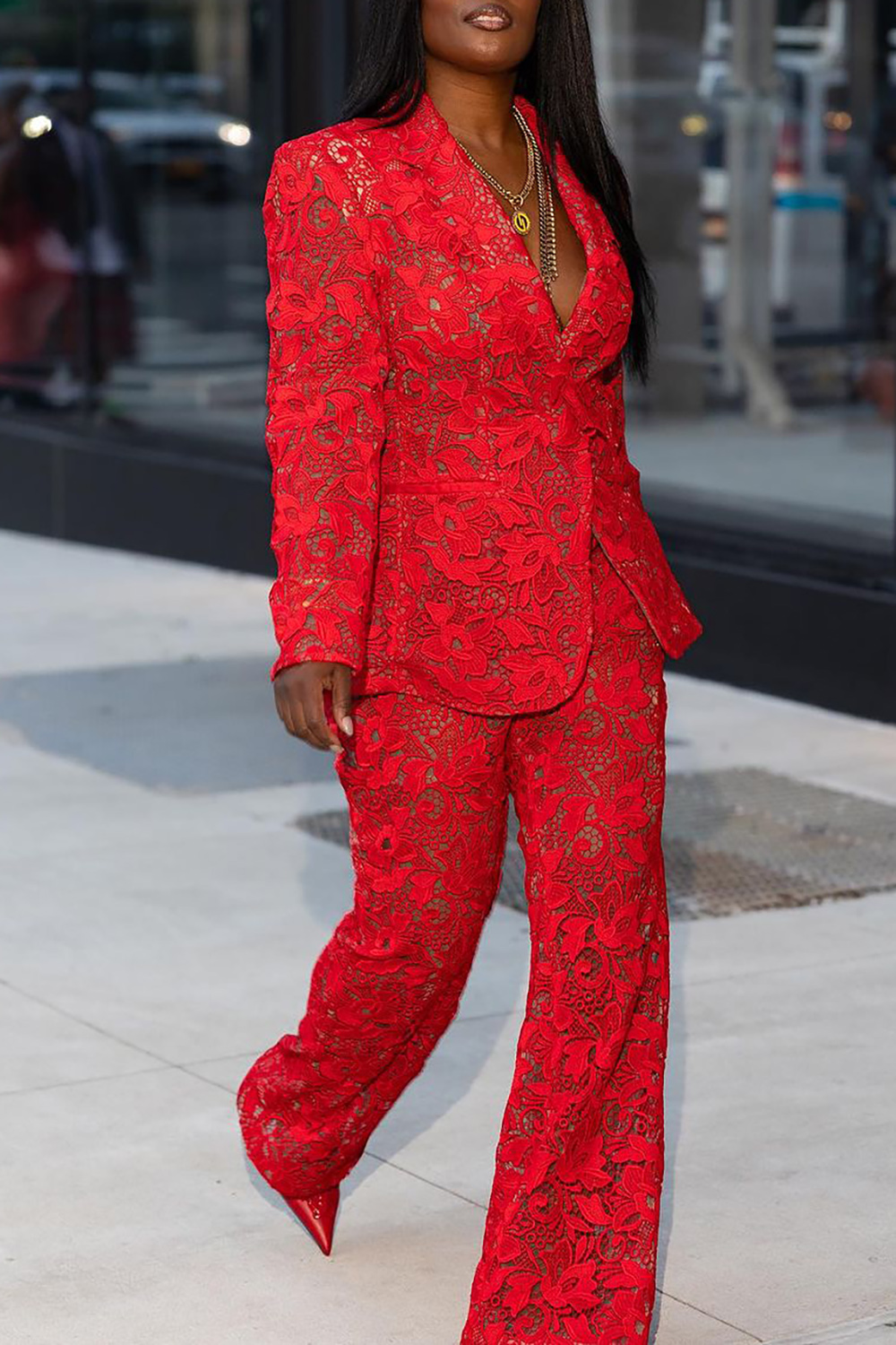 Plus Size Semi Formal Pant Sets Elegant Red Wedding Guest Turndown Collar Long Sleeve Button Lace Two Piece Pant Sets