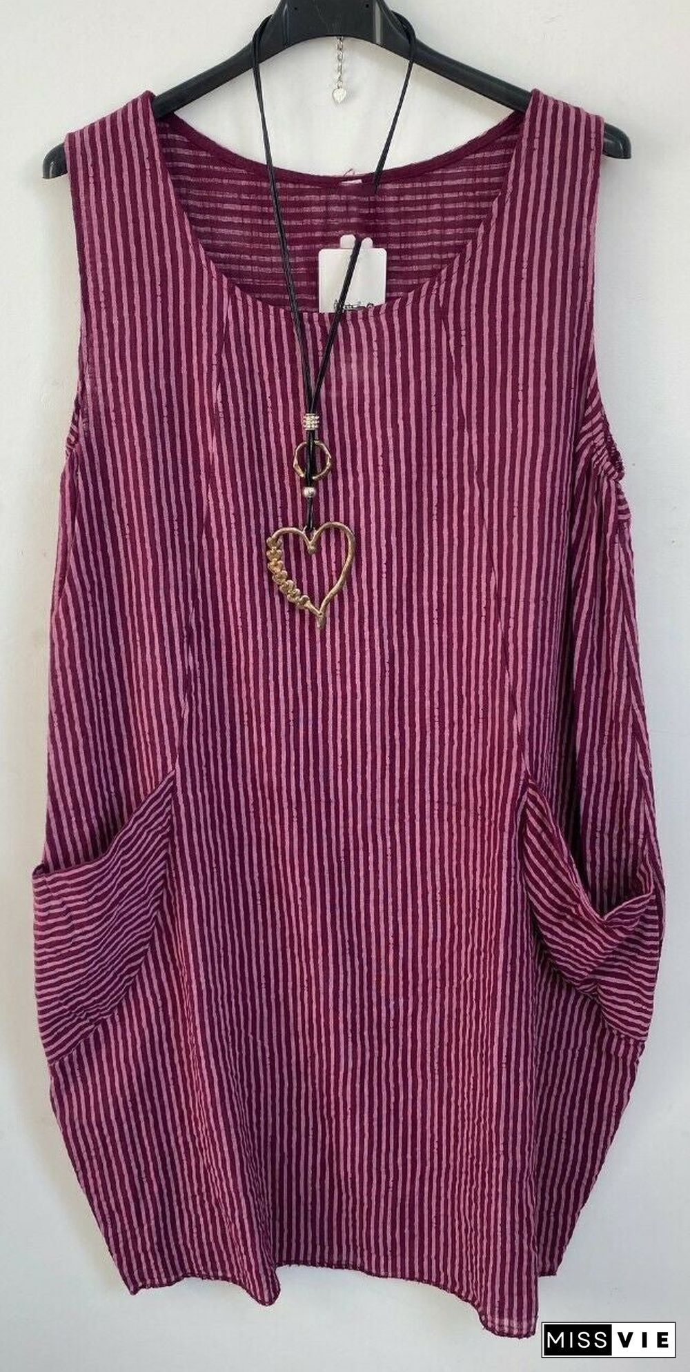 Ladies Stripe Design Summer Linen Cotton Long Pocket Top