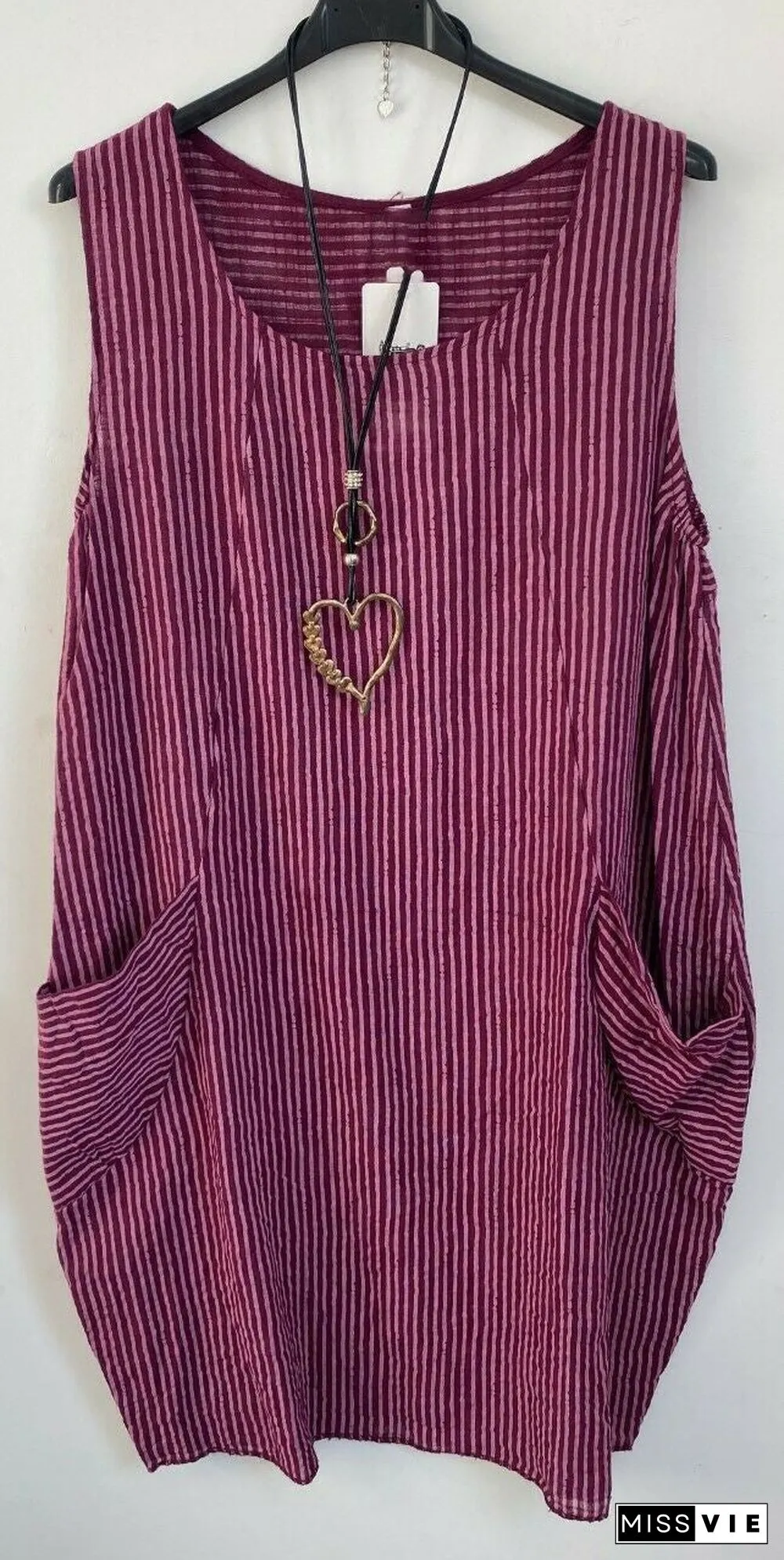 Ladies Stripe Design Summer Linen Cotton Long Pocket Top