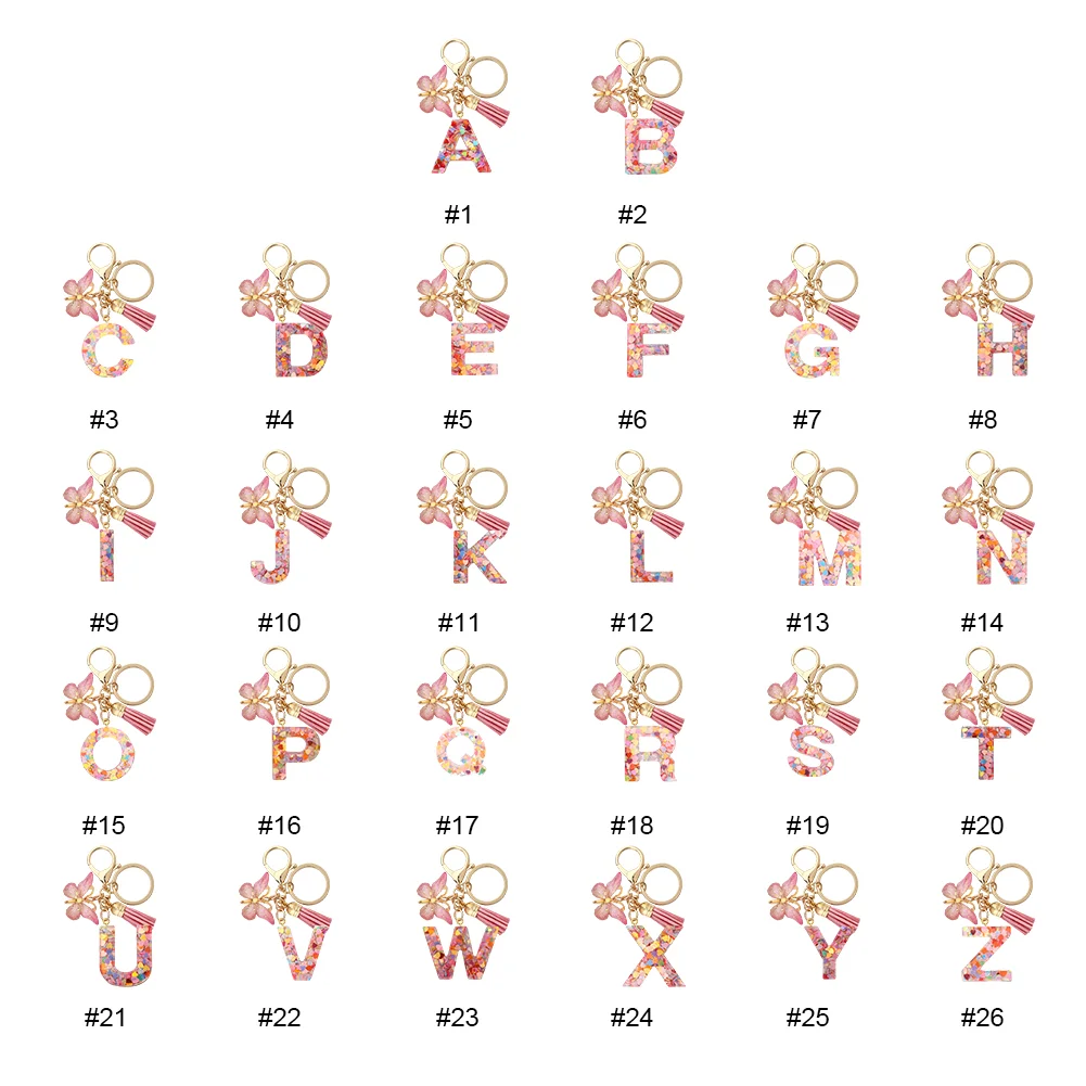 Resin Initial Letter Keychains Alphabet Letter Keychain Pink Tassel Butterfly Key Ring