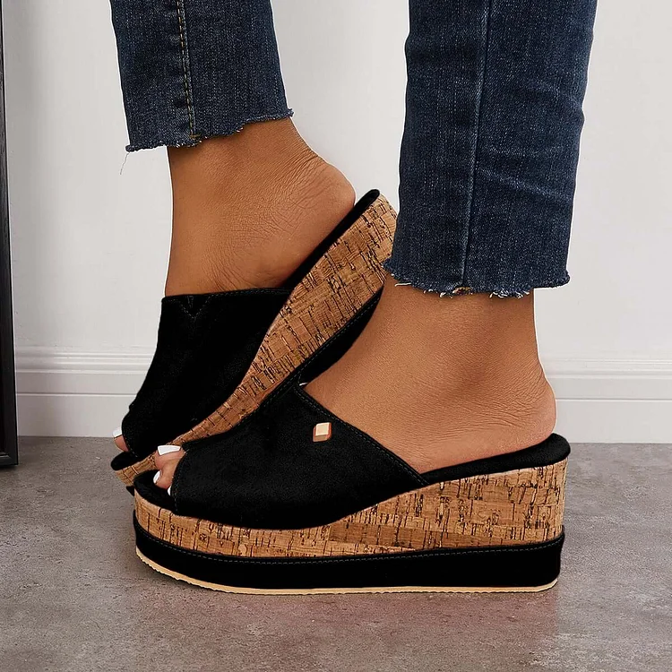 Comfortable Cork Footbed Slip-on Sandals Platform Wedge Slippers