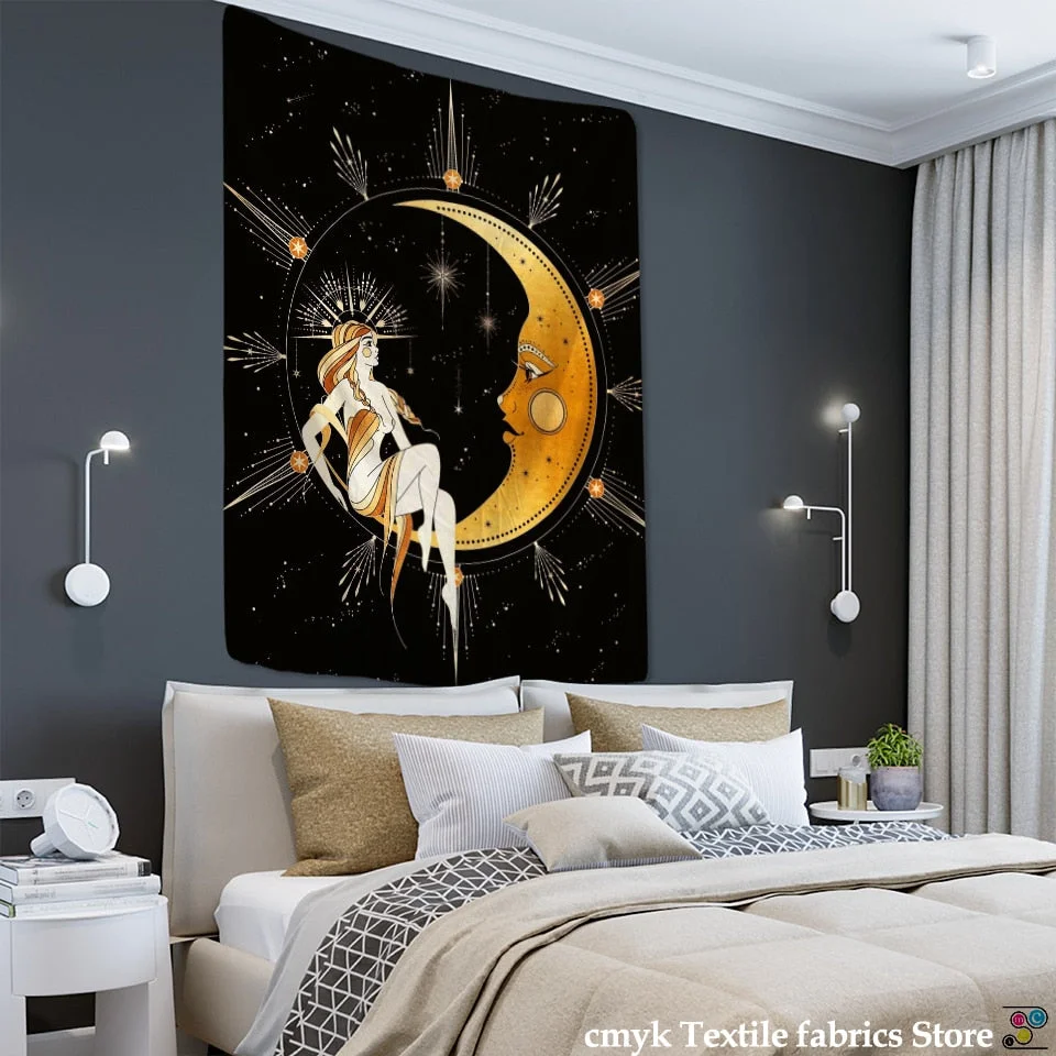 Psychedelic Moon Star Tapestry Wall Hanging Bohemian Hippie Tarot Girls Room Dormitory Art Home Decor