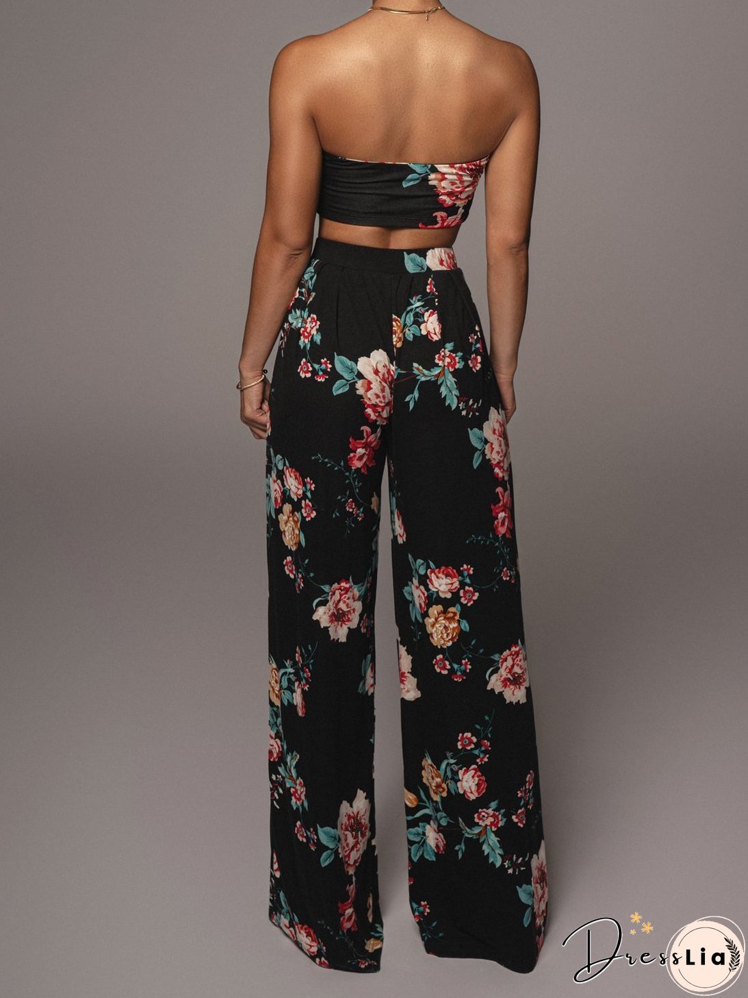 Printed Lace-Up Tube Top & Trousers Two-Piece Suit for Women