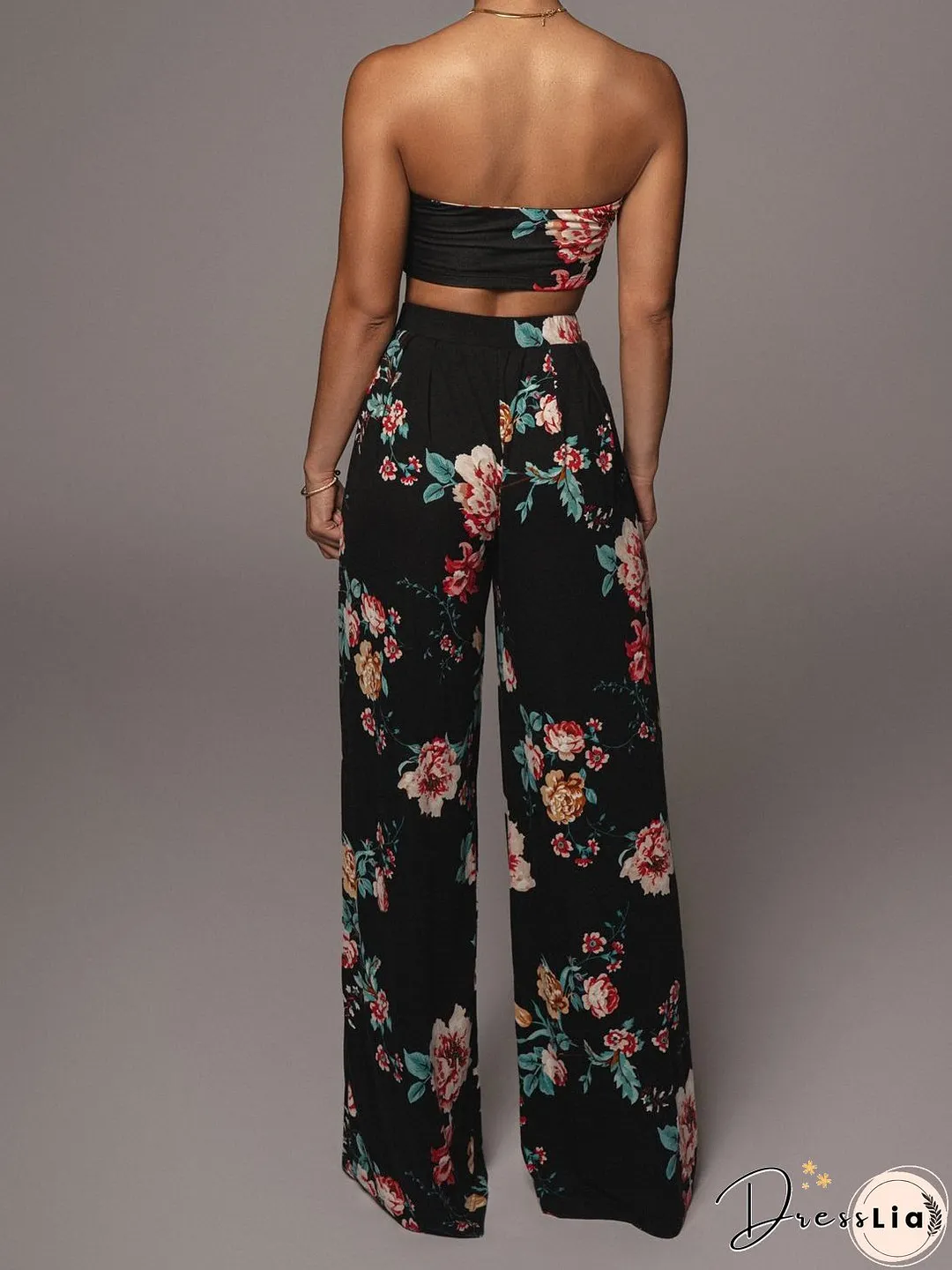 Printed Lace-Up Tube Top & Trousers Two-Piece Suit for Women
