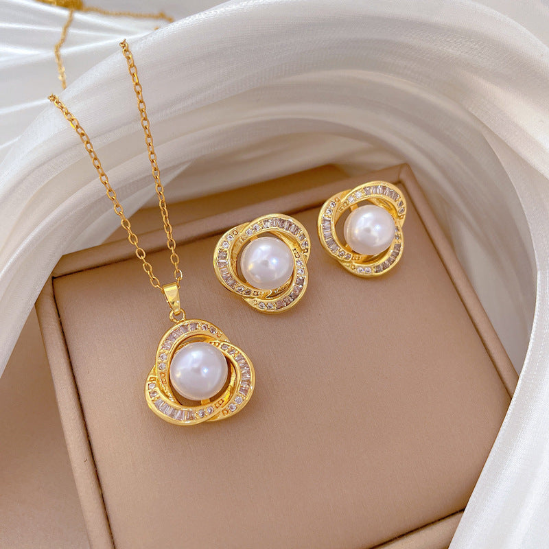 Hollow Bird'S Nest Pearl Full Diamond Gorgeous Full Diamond Necklace Women'S All-Match Clavicle Chain Set