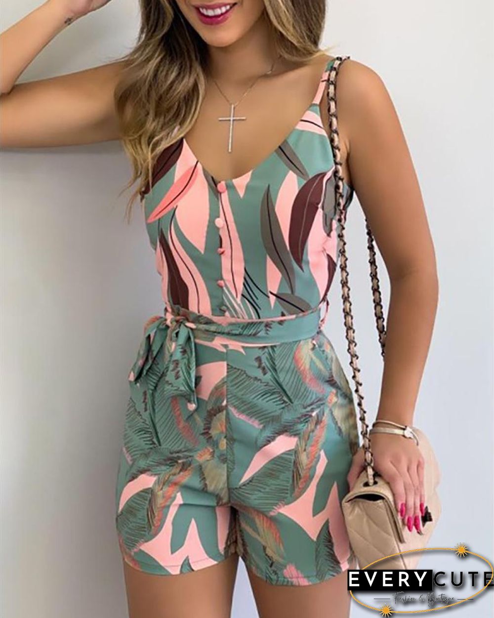 Spaghetti Strap Leaf Print Striped Knotted Romper P15385