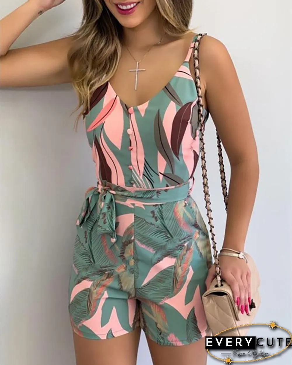 Spaghetti Strap Leaf Print Striped Knotted Romper P15385