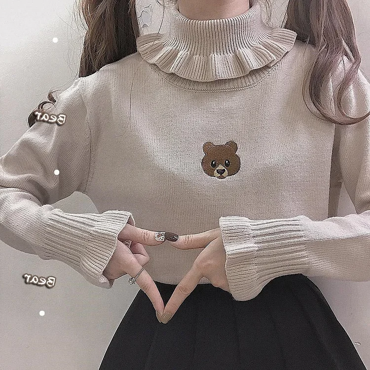Bear Embroidery Kawaii Ruffles Turtleneck Sweater - Gotamochi Kawaii Shop, Kawaii Clothes