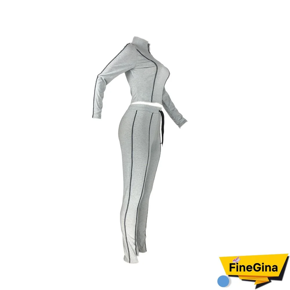 Women Clothes Set High Collar High Waist Two-pieces Set Casual Tight Contrast Color Suit Long Sleeve Long Pants Clothing Outfits