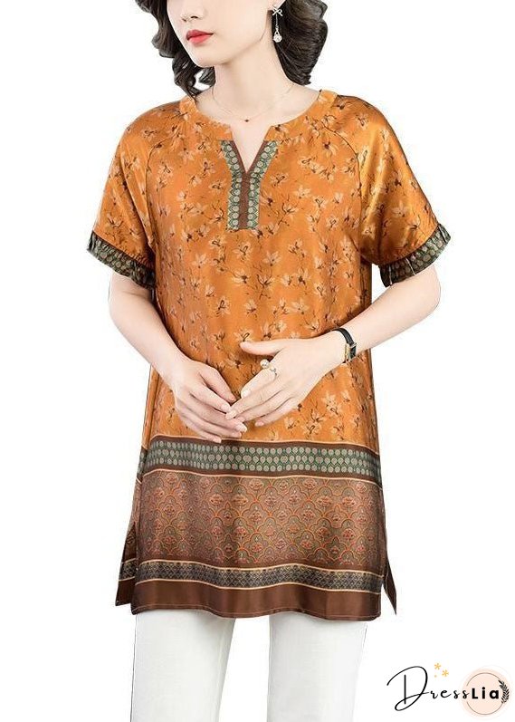 Plus Size Yellow V Neck Print Patchwork Ruffled Silk Tops Short Sleeve