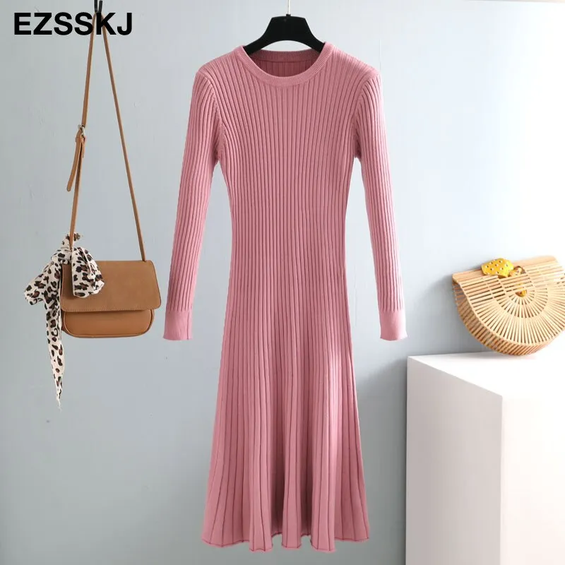 elegant Long sleeve OL O-neck long Sweater dress women Thick knit Autumn Winter dress female Slim A-line basic dress casual
