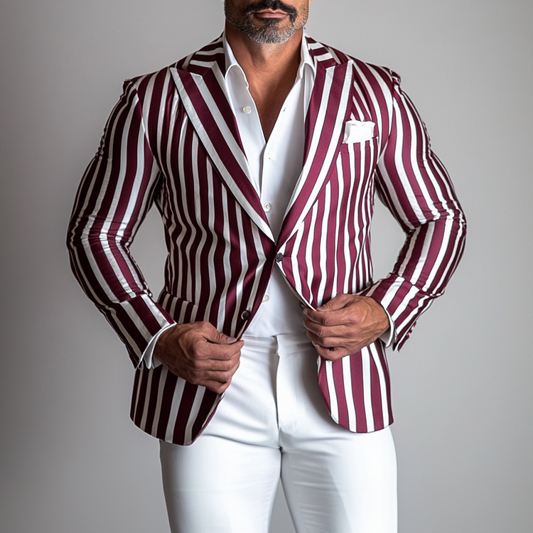 Men's Peaked Lapel Two Button Chest Pocket Contrast Stripes Blazer