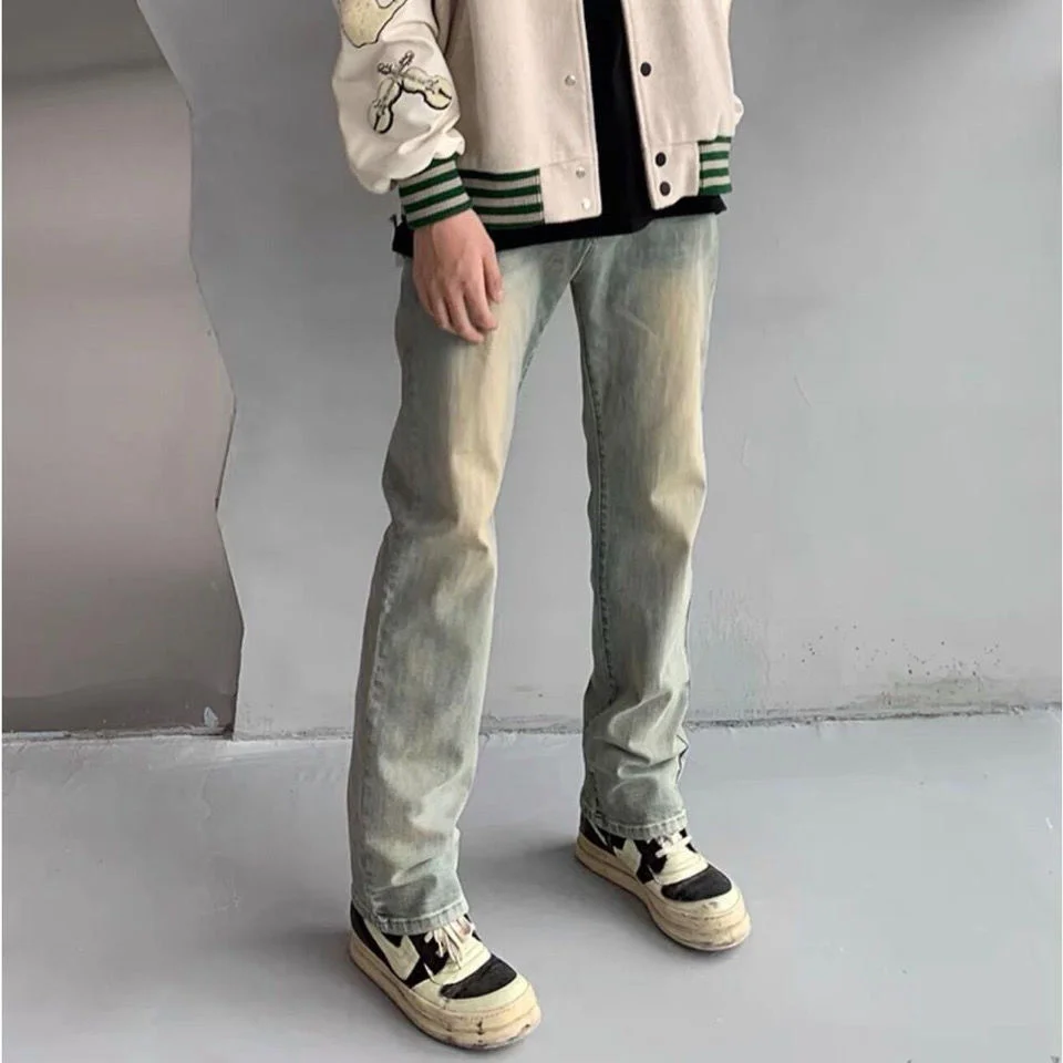 High street jeans men's trousers wide-leg loose slim fit thin old yellow mud dyed casual retro American pants