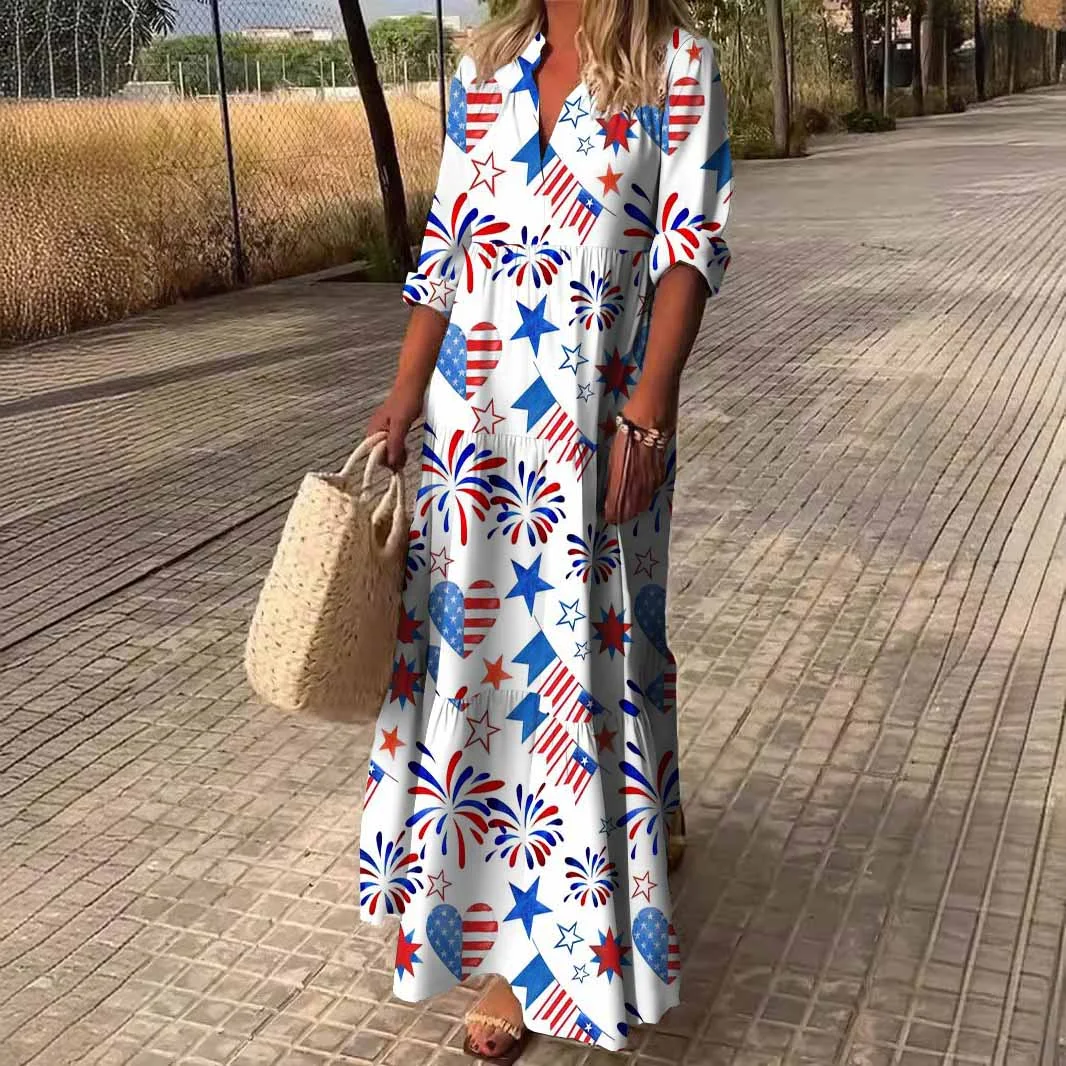 Women  Independence Day, Star, Striped, Blue, Red DZDN0222 SPU Printed Long Sleeve V-neck Maxi Dress