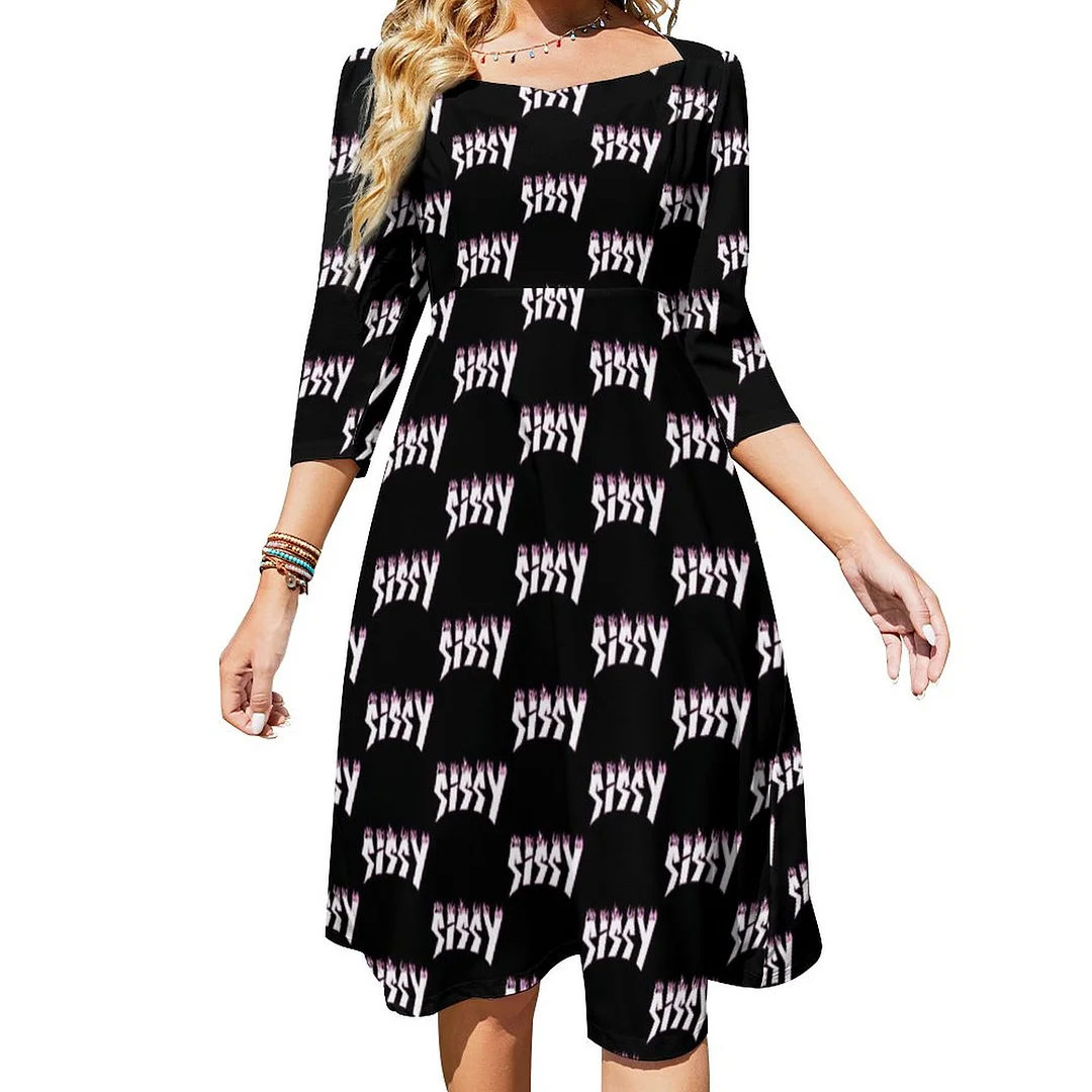 Sissy Fire Black With Pink Outline Dress Sweetheart Tie Back Flared 3/4 Sleeve Midi Dresses