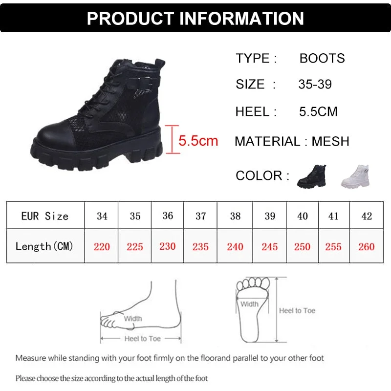 Classic Women Thick Bottom Black Mesh Summer Boots Round Toe Zipper Lace Up Platform Shoes Woman High Heels Ankle Botas