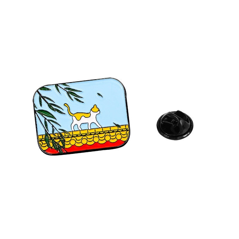 Cartoon Style Oil Painting Cat Landscape Alloy Stoving Varnish Plating Kid’S Unisex Brooches Collar Pin