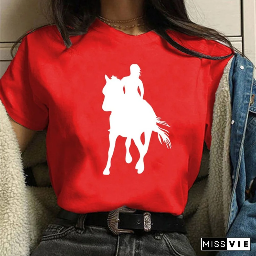 Cool Women&Horse Print Female Knight Shirts Womens Tops Casual Tees Shirts Women Blouse Graphic T-shirt Womens Dress Size S-3XL Ladies&Girl Shirt