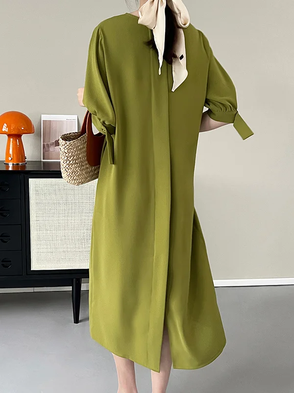 Original Fashion Split-Back Solid Color Puff Sleeves Midi Dress