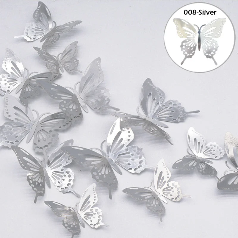 New 12Pcs/lot 3D Hollow Golden Silver Butterfly Wall Stickers Paper Rose Gold Wedding Art Decorations Wall Decals for Party