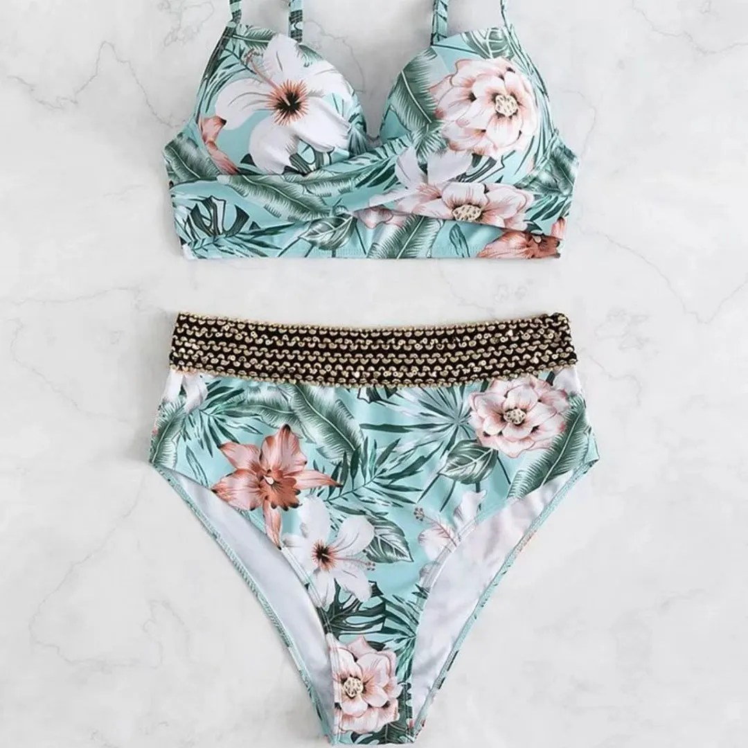 Churchf 2023 New Floral Split Weaving Belt High-Waisted Conservative Swimsuit Swimsuit