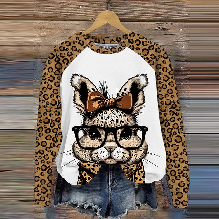 Women's Easter Leopard Print Glasses Rabbit Print Sweatshirt