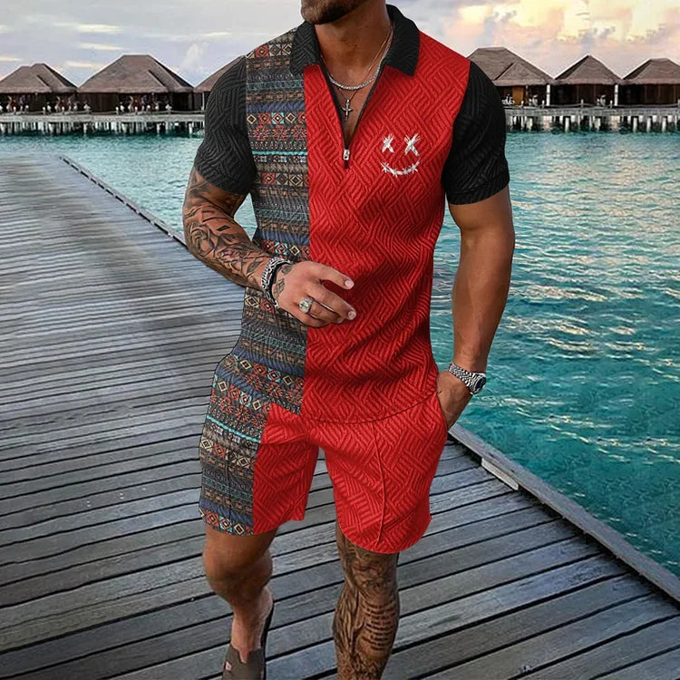 Colorful Geometric & Smile Face Print Patchwork Short Sleeve Polo Shirt And Shorts Co-Ord