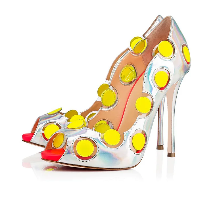 Silver Hologram Stiletto Heels Yellow Dots Pumps |FSJ Shoes