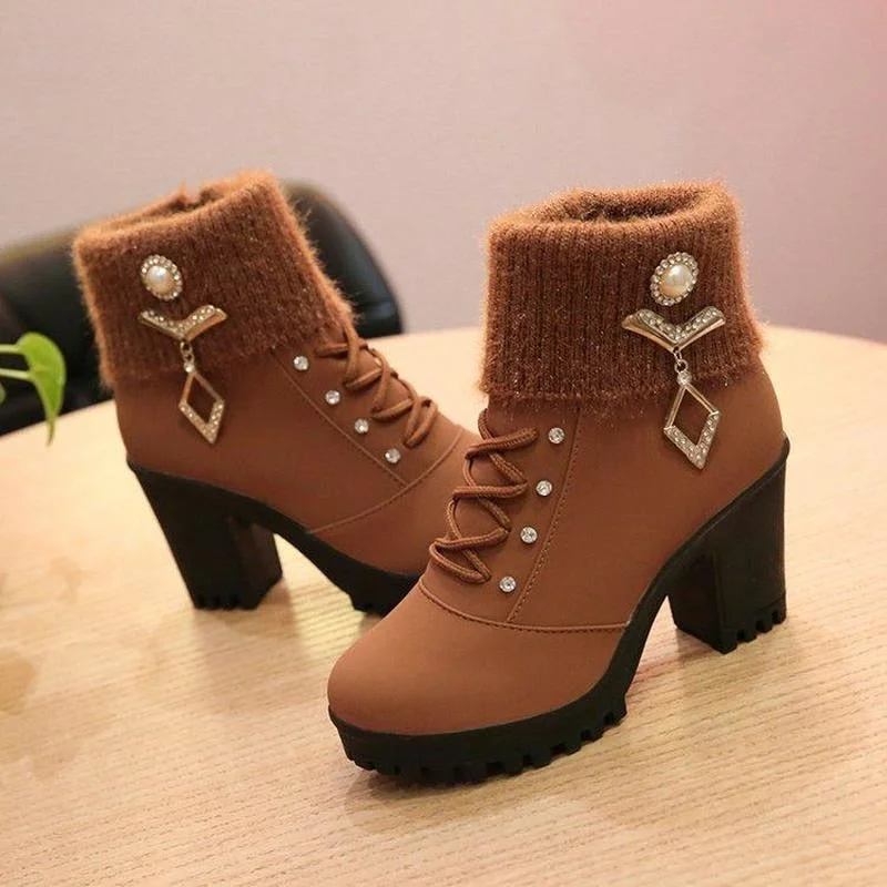 New Spring Winter Women Pumps Boots High Quality Lace-up European Ladies Shoes PU High Heels Boots Fast Delivery