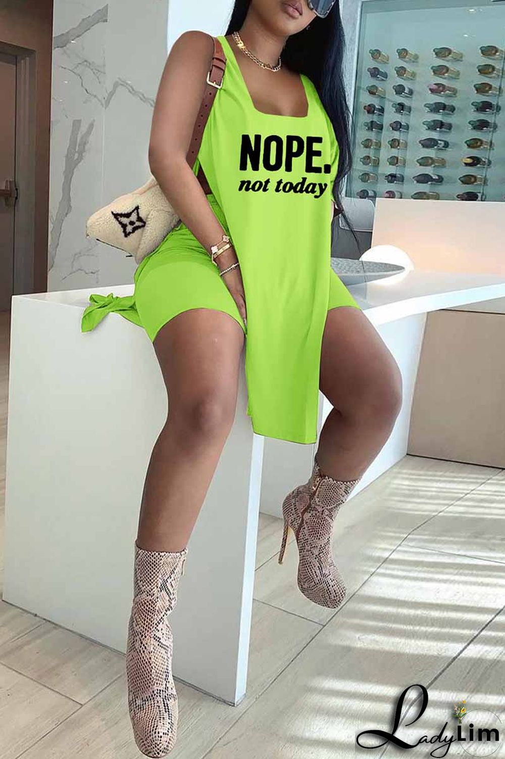 Red Fashion Casual Letter Print Slit U Neck Sleeveless Two Pieces