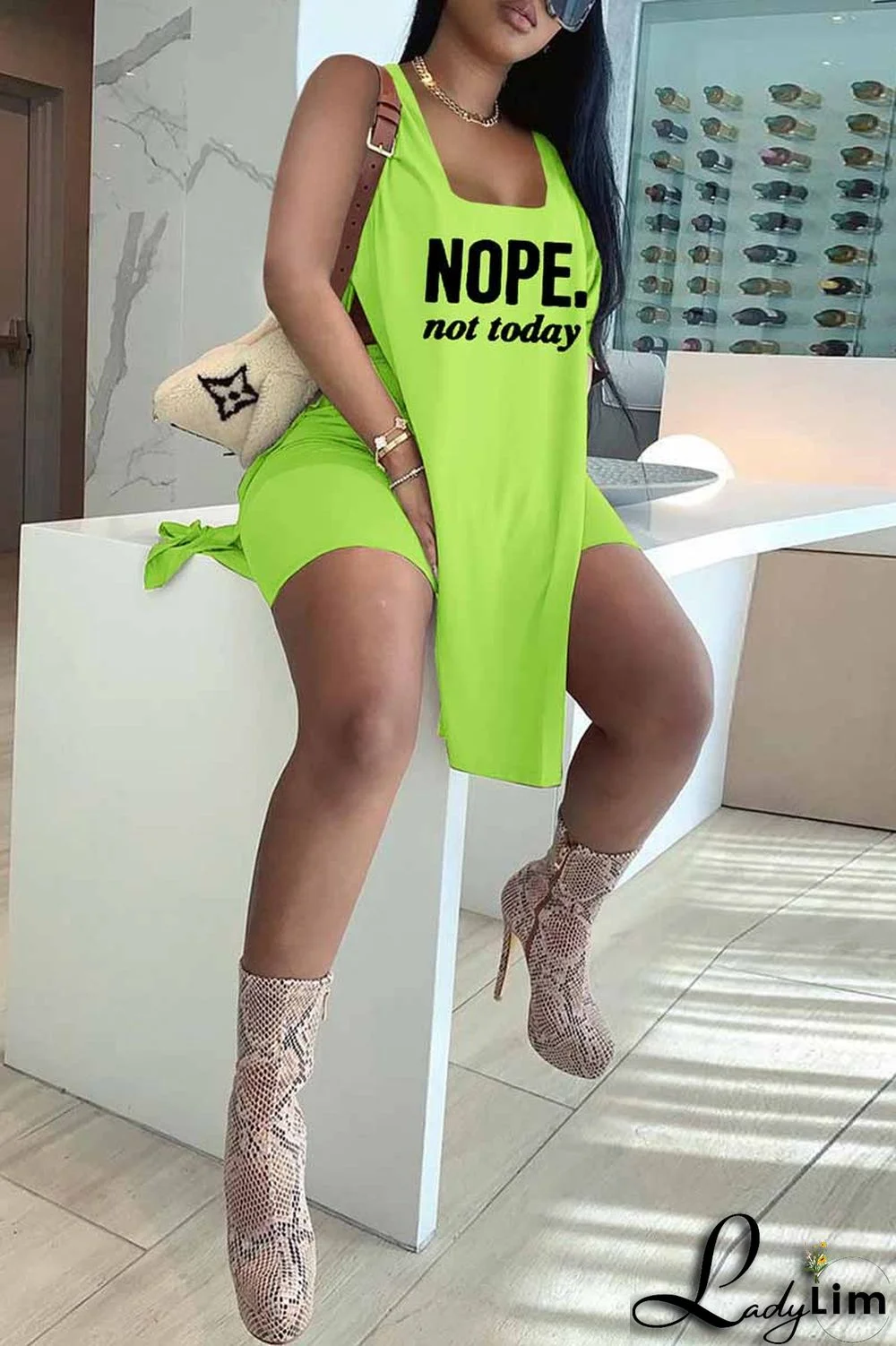 Red Fashion Casual Letter Print Slit U Neck Sleeveless Two Pieces