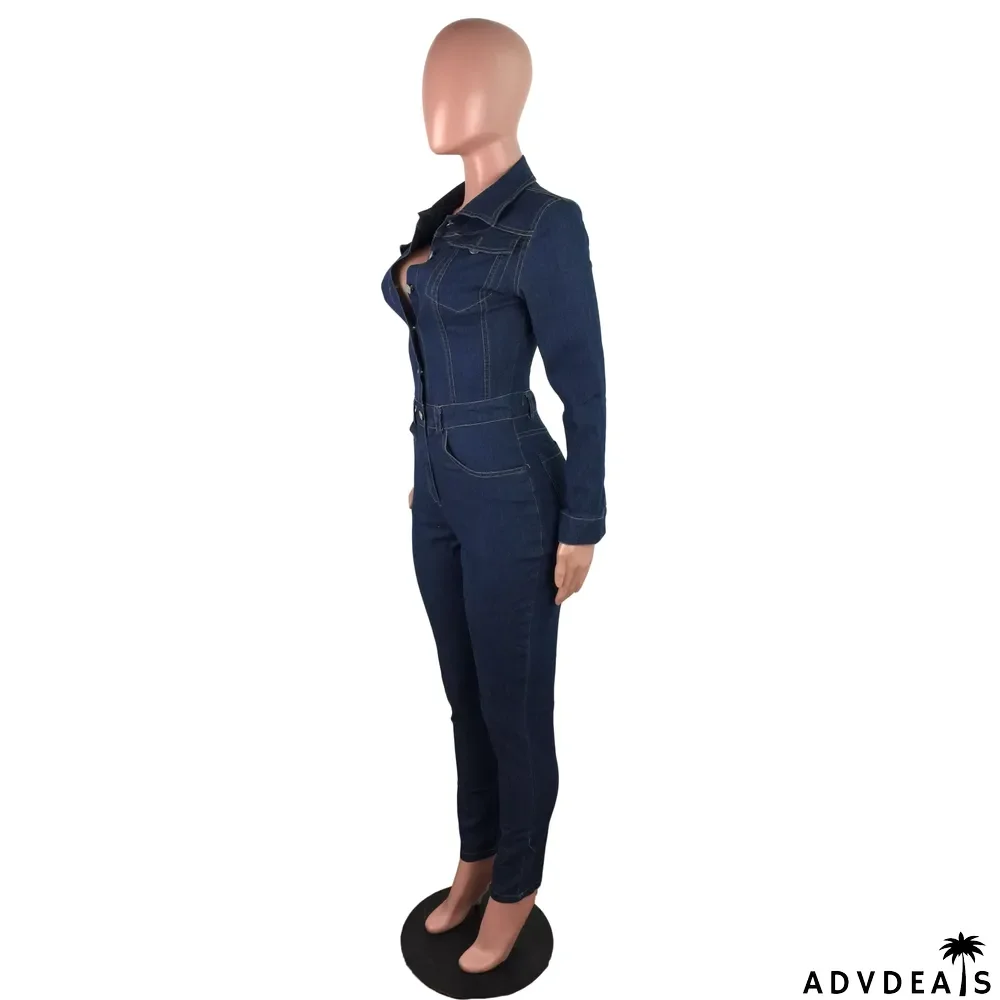 Winter Formal Blue Button Up Denim Jumpsuit