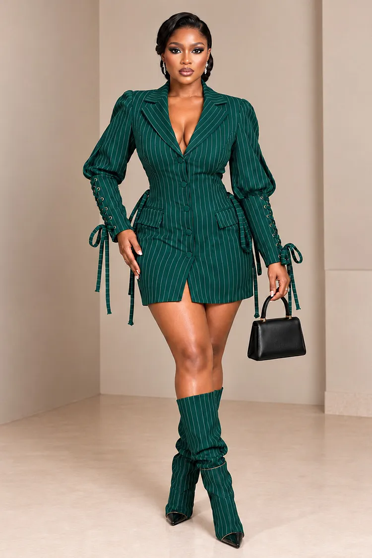mini dresses green Notched Lapel Pinstripe Print Lace-up Blazer Dresses-Green [Pre Order] GR_Dresses