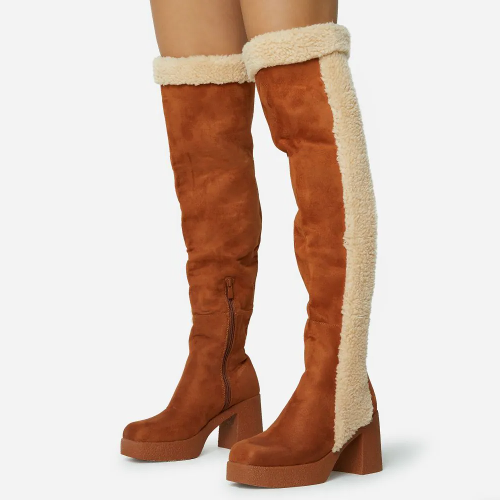 Brown Winter Over the Knee Boots Platform Fleece Boots