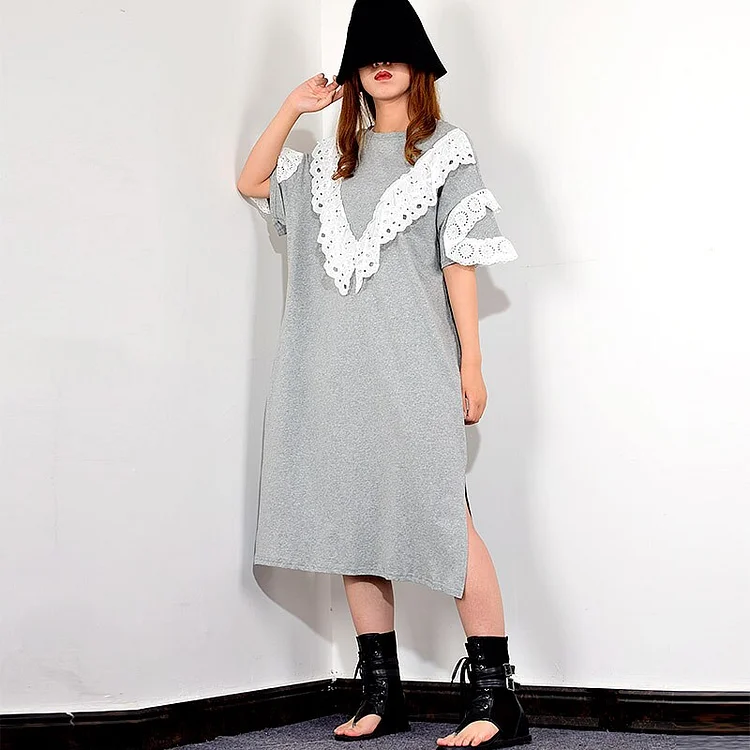 Casual O-neck Loose Patchwork Hollow Out Lace Decor Short Sleeve Midi Dress   