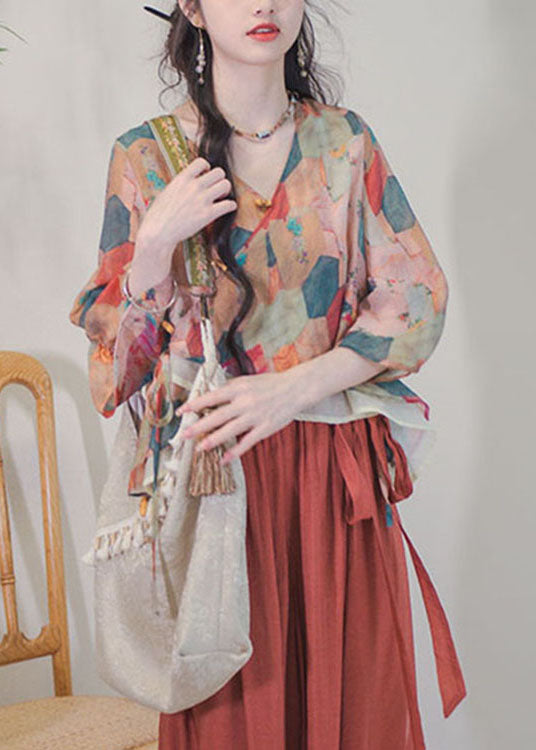 VCSHOES Colorblock Asymmetrical Design Print Lace Up Patchwork Shirt Top Summer