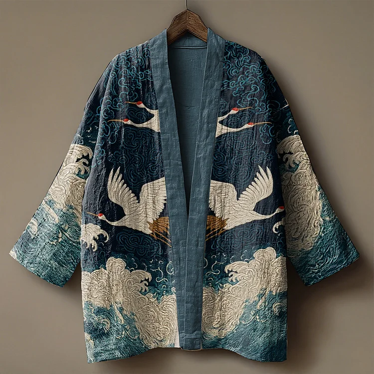 Japanese art of crane and wave embroidery linen kimono cardigan