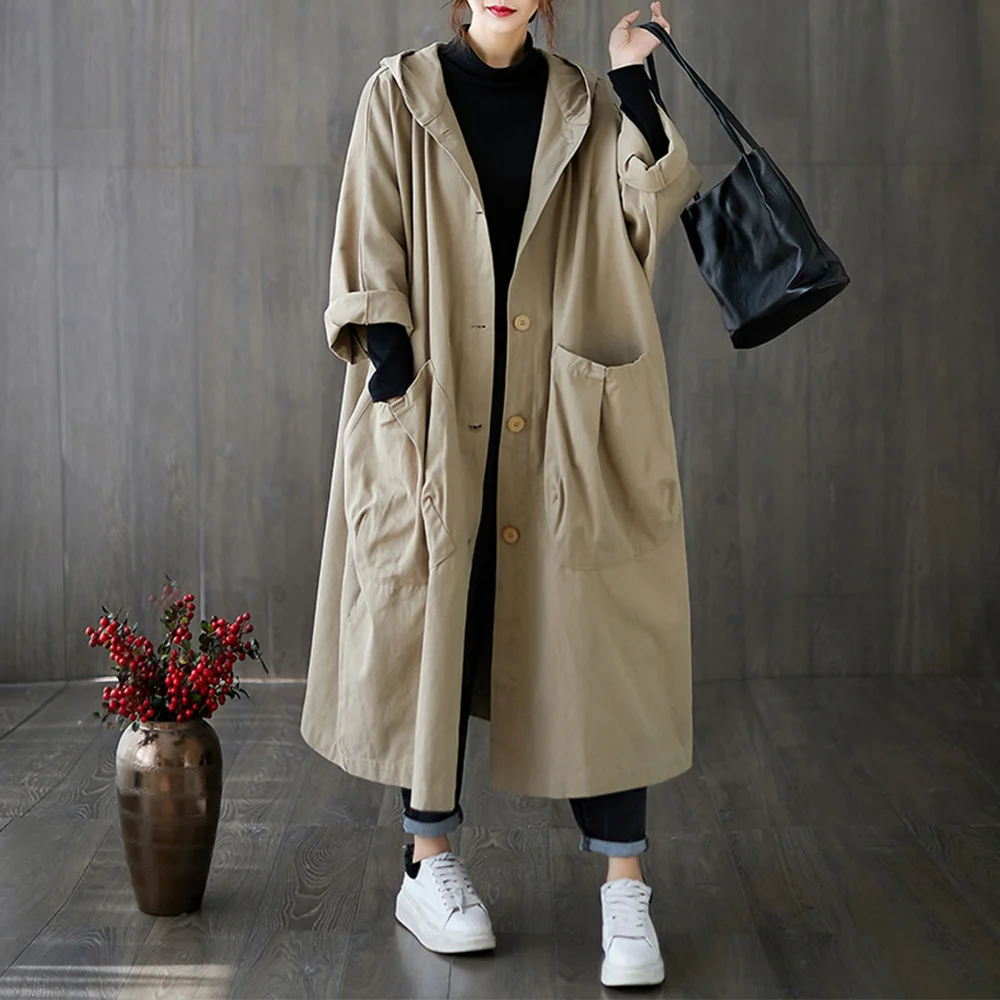 Smiledeer Autumn new literary and artistic loose long large pocket trench coat women