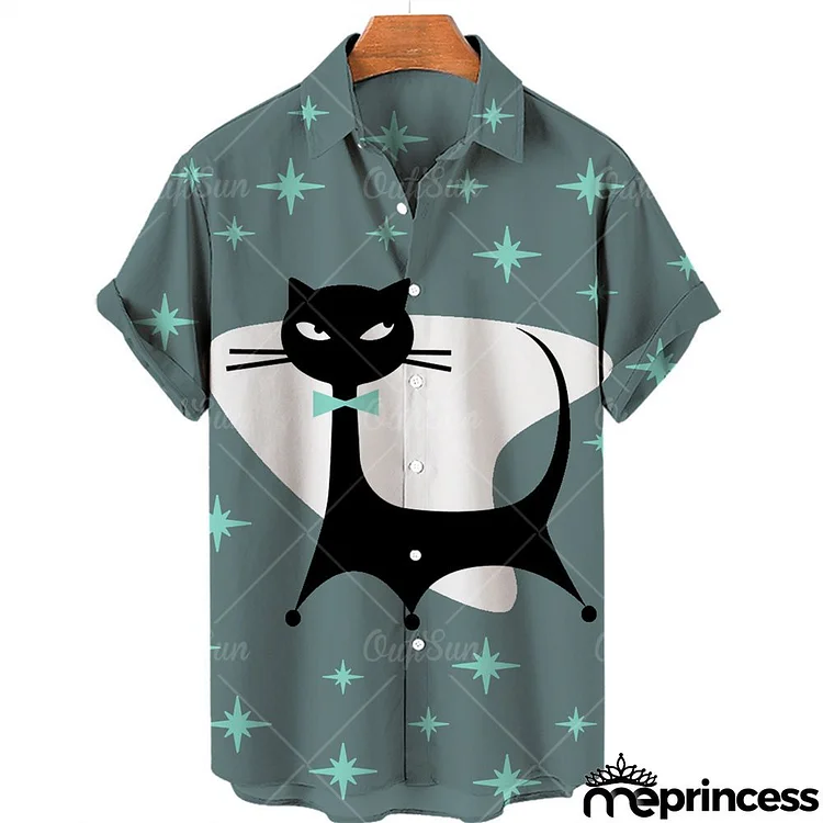 Men Fashion Casual Party Holiday Kitten 3D Pattern Short Sleeve Lapel Plus Size Shirt