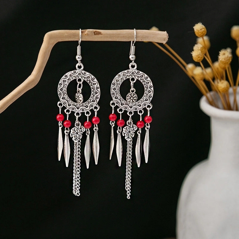 Bohemian Blue Turquoise National Style Earrings Imitation Miao Silver Metal Earrings Vintage Tassel Earrings