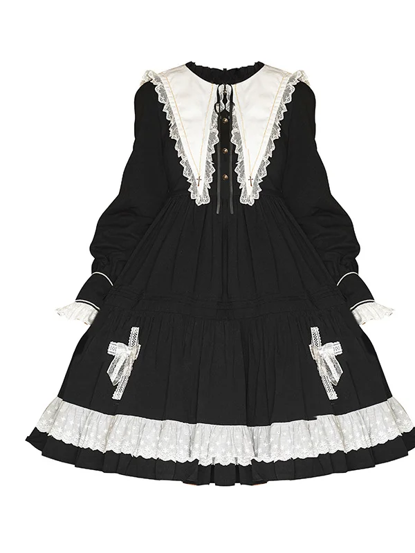 Gothic Dark Long Sleeve Lace-up Bowknot Cross Solid Embroidered Dress